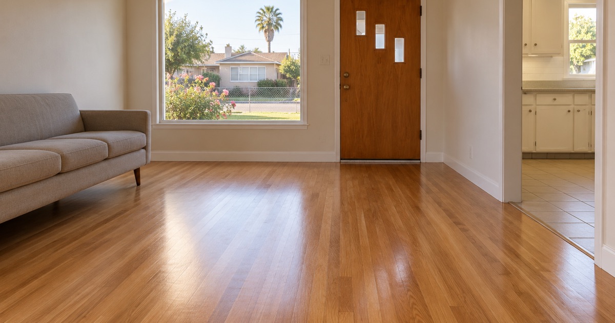Refinished hardwood strip floor running toward the front door of a 1950s Compton house.
