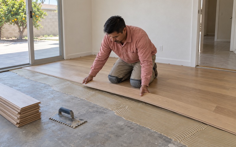 Worker lowering an engineered hardwood plank onto troweled adhesive over concrete in a Compton family room.