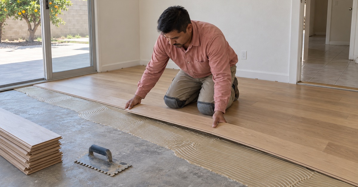 Worker lowering an engineered hardwood plank onto troweled adhesive over concrete in a Compton family room.