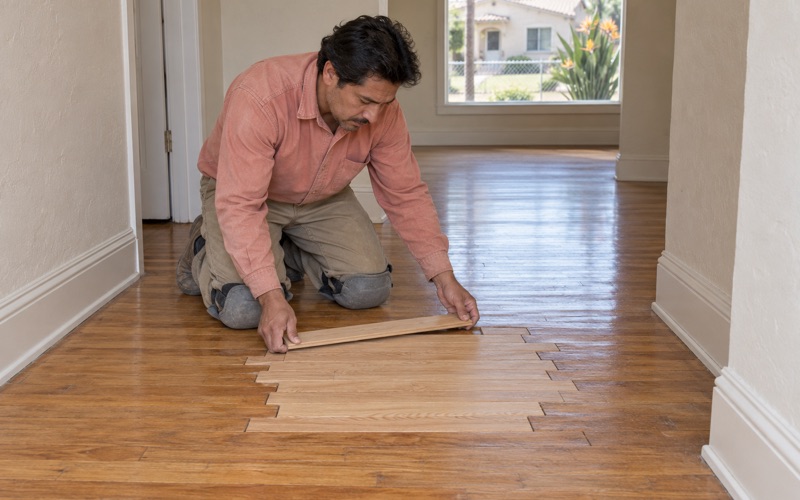 Worker weaving new strips across a closed-up floor furnace opening in the hardwood floor of a 1940s Compton house.
