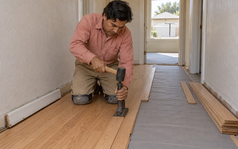Worker seating a flooring nailer on the tongue of a new red oak strip in a Compton hallway.