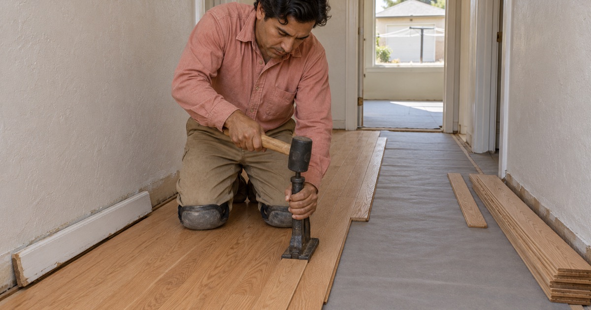 Worker seating a flooring nailer on the tongue of a new red oak strip in a Compton hallway.