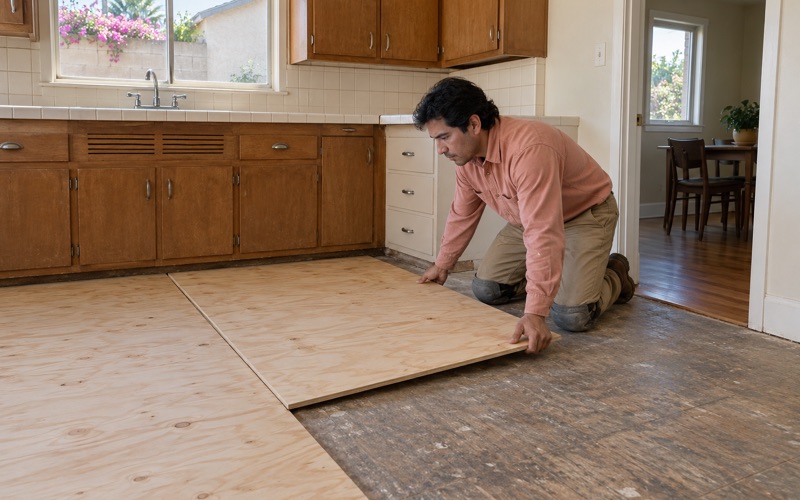 Worker fitting a new plywood underlayment sheet over the sound subfloor of a Compton kitchen before new flooring goes down.