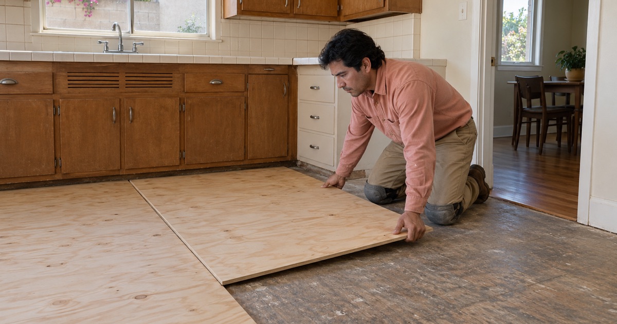 Worker fitting a new plywood underlayment sheet over the sound subfloor of a Compton kitchen before new flooring goes down.