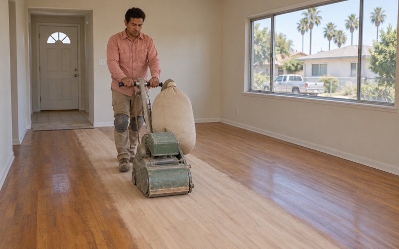 Worker guiding a drum sander along the hardwood strip floor of a 1950s Compton living room.