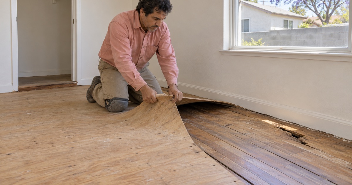 Worker pulling up a thin plywood overlay that had covered a worn hardwood floor in a Bellflower house.