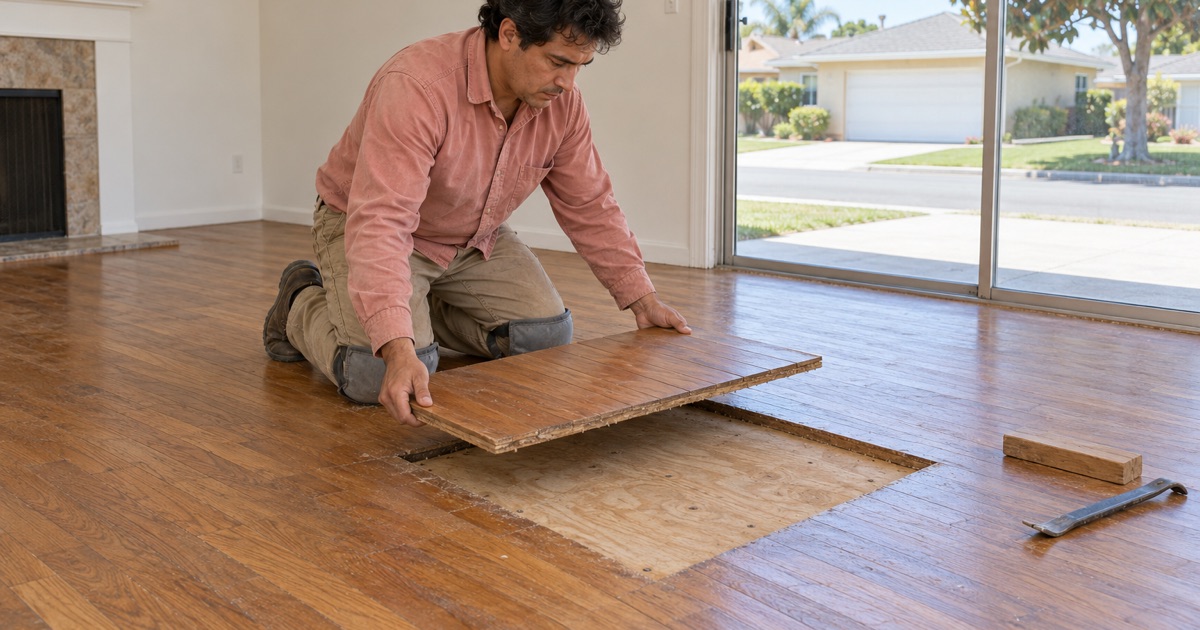Worker lifting out a cut section of hardwood flooring to expose the plywood subfloor in a 1960s Carson house.