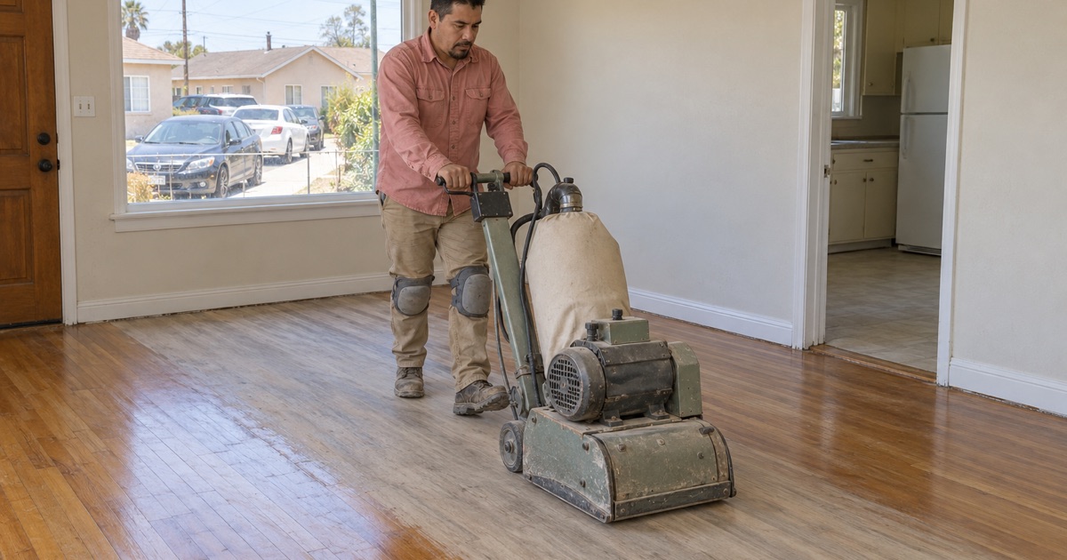 Worker sanding the worn traffic path of a hardwood floor in a busy Florence-Graham family house.