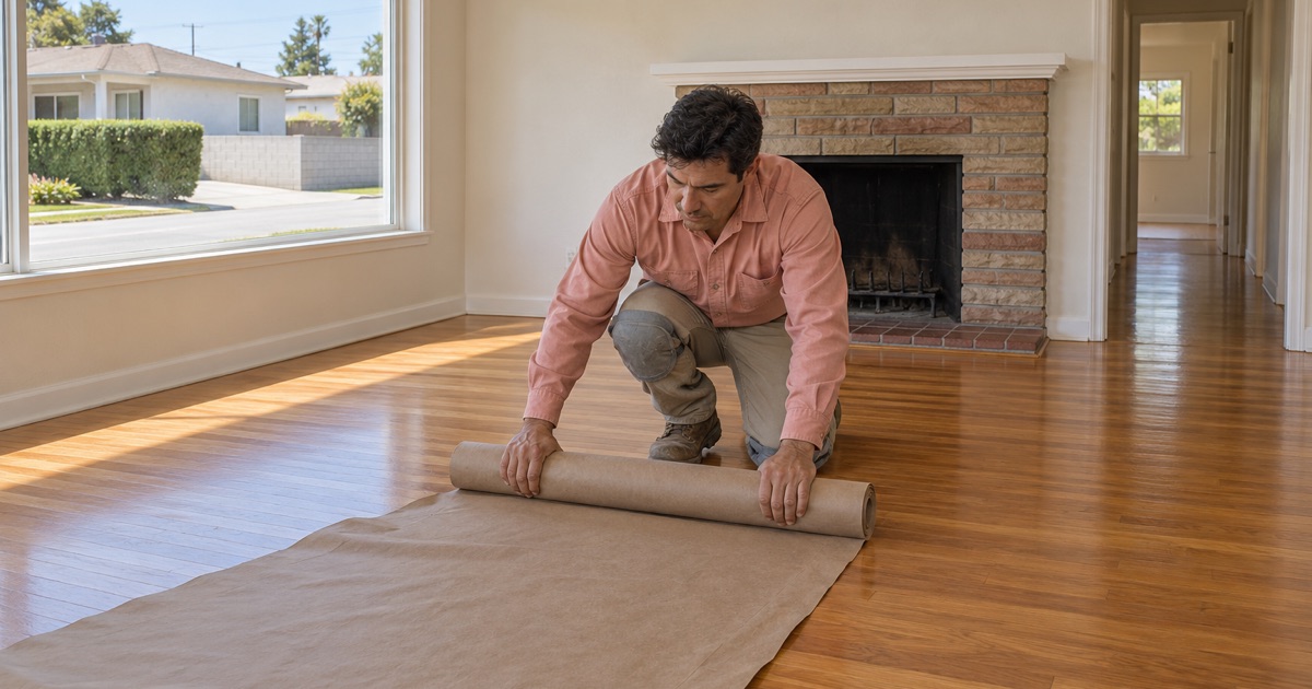 Worker rolling up protective paper from a freshly refinished hardwood floor in a Gardena house before listing.