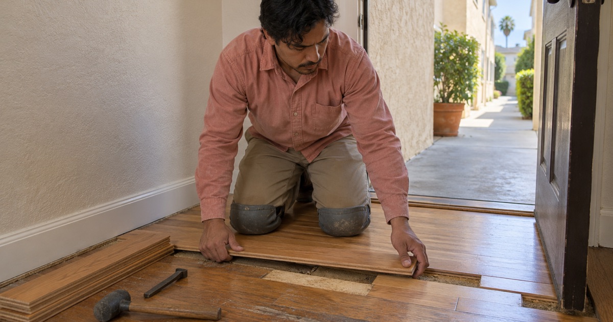 Worker lowering a replacement hardwood strip into a worn entry of a Huntington Park apartment.