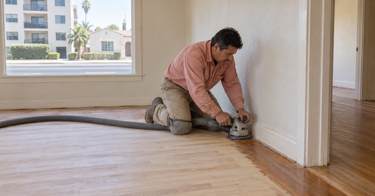 Worker running an edger along the baseboard of a 1940s Lynwood house, with a new apartment building across the street.