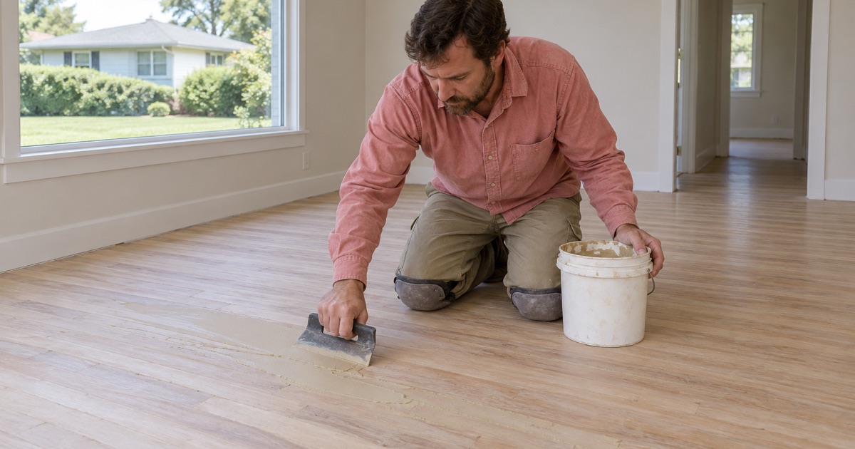 Sanded hardwood strip floor being filled in a postwar Palos Verdes Estates house.