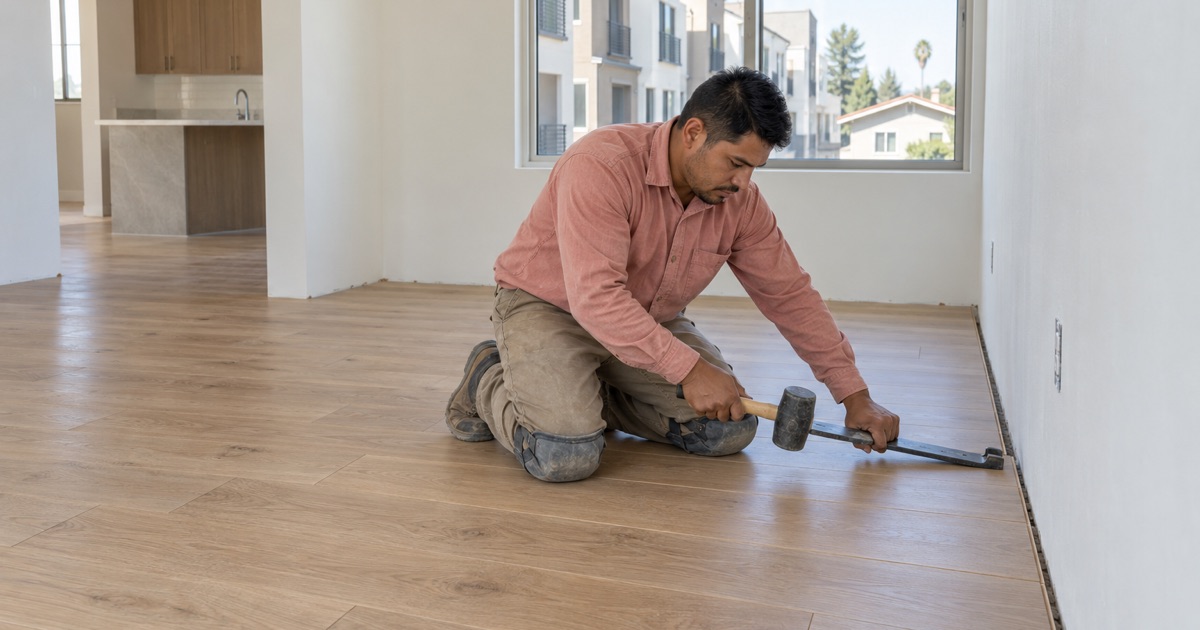 Worker closing the last row of a new plank floor with a pull bar in a new Paramount townhome.
