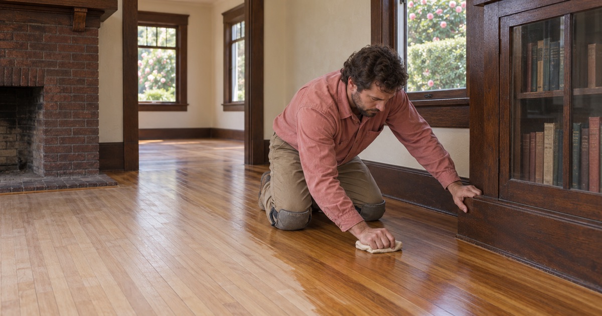 Worker hand-finishing a restored hardwood floor in a San Marino home.