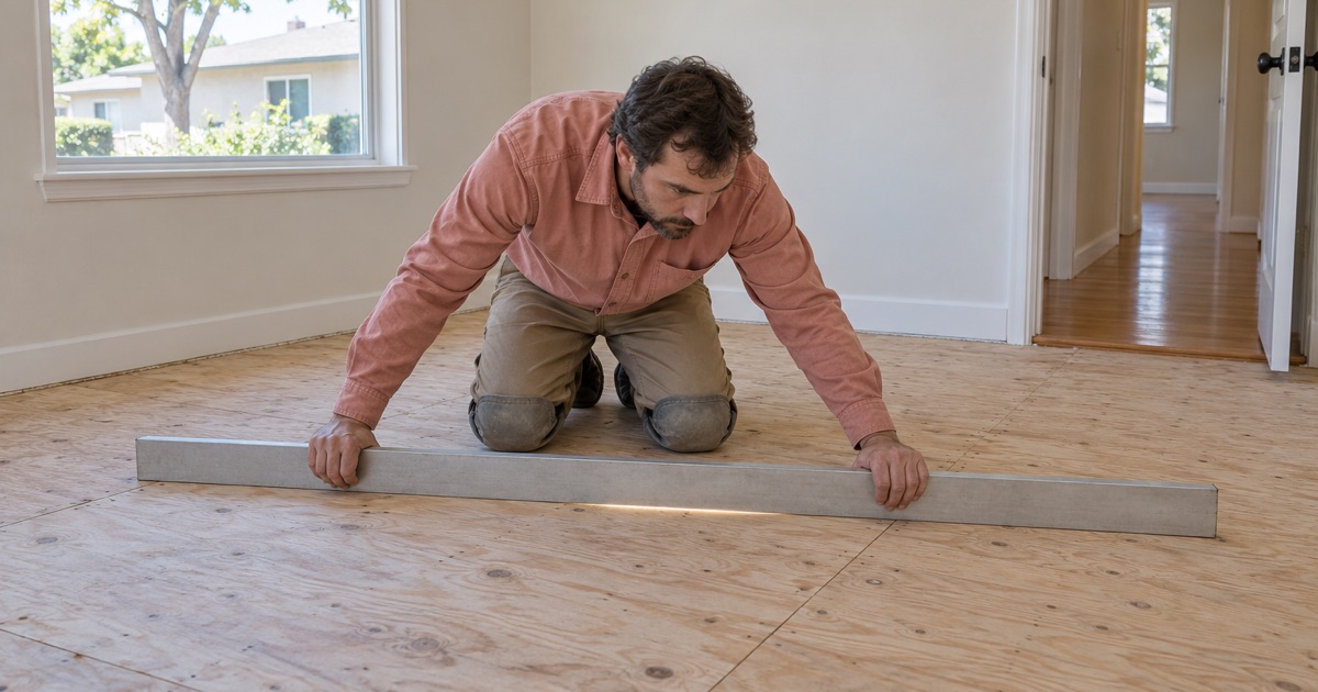 Straightedge laid across a subfloor to check it before floor work in Santa Fe Springs.