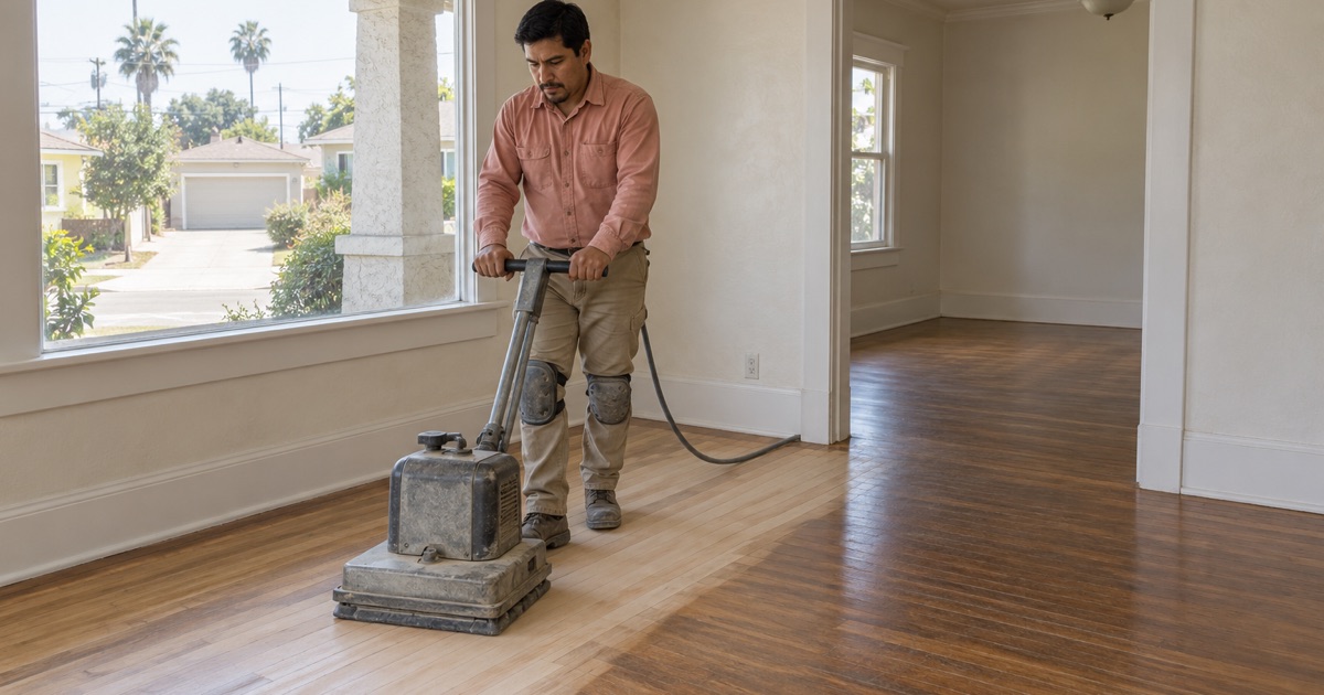 Worker guiding a square orbital sander across the narrow hardwood strip floor of an older South Gate bungalow.