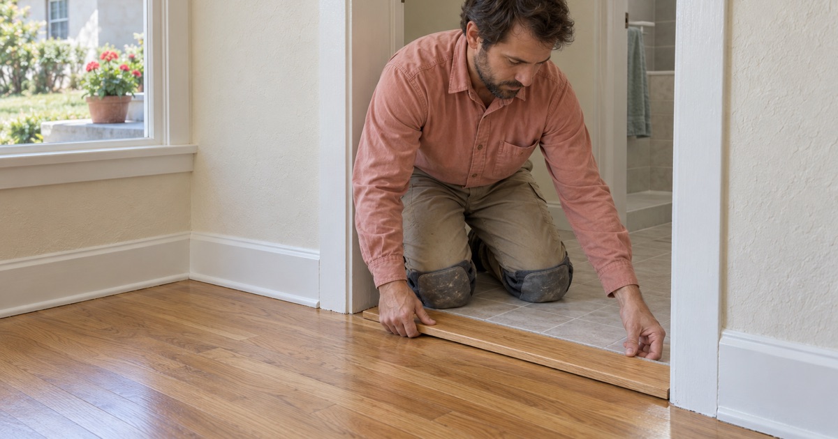 Repaired hardwood floor meeting bathroom tile at a low threshold in a Walnut Park home.