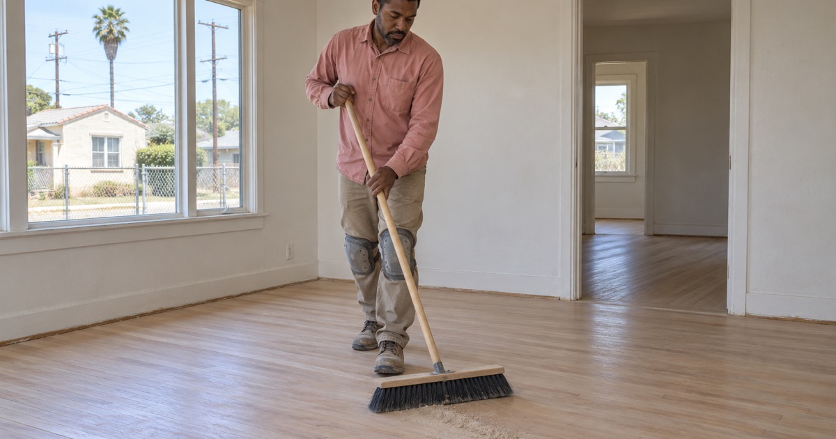 Worker sweeping sanding dust from the hardwood strip floor of a 1940s wartime house in Watts.