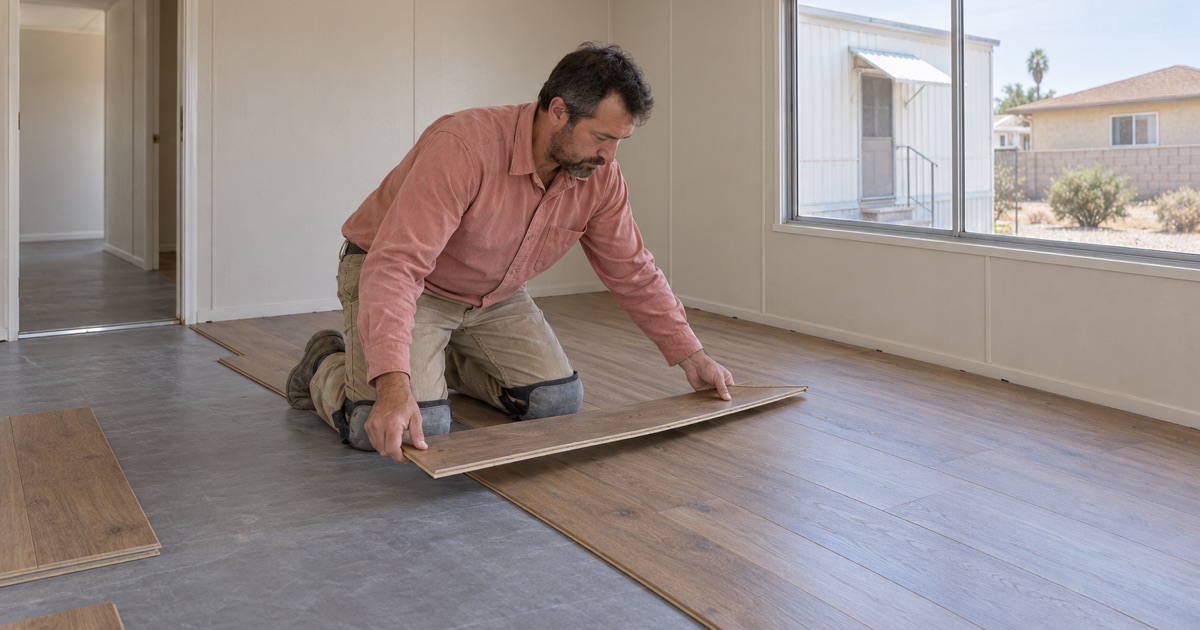 Worker angling a lightweight engineered plank into place in the living room of a West Rancho Dominguez manufactured home.