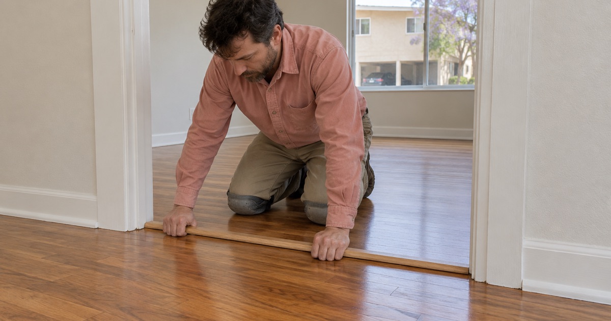 Refinished hardwood floor with a new doorway transition in a Willowbrook rental unit.